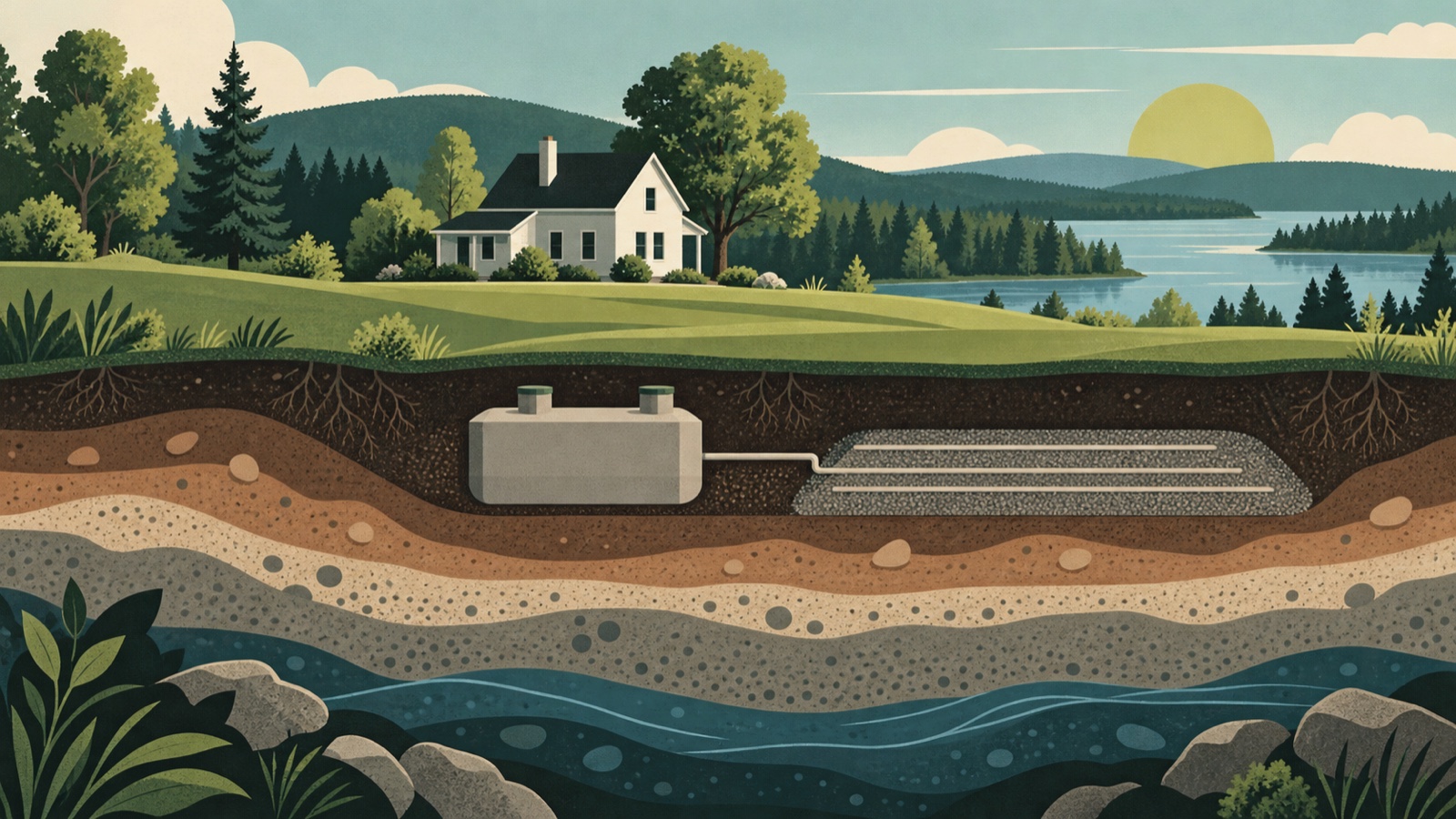Illustration of a Livingston County home with a septic tank and drainfield below ground